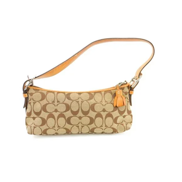 COACH Purse Vintage Tan Monogram Petite East West Demi Baguette Shoulder Bag - Picture 9 of 15